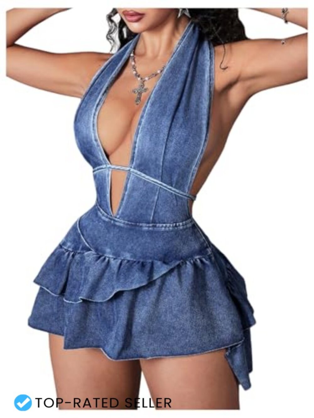 WDIRARA Denim Mini Dress Deep V Halter Tie Back Sleeveless